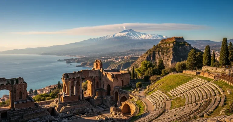 Sicily 5 Ancient Greek theater in Taormina with Mount Etna in the background