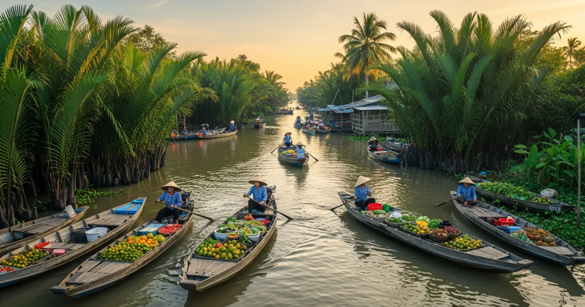 A traditional floating market in the Mekong Delta at sunrise