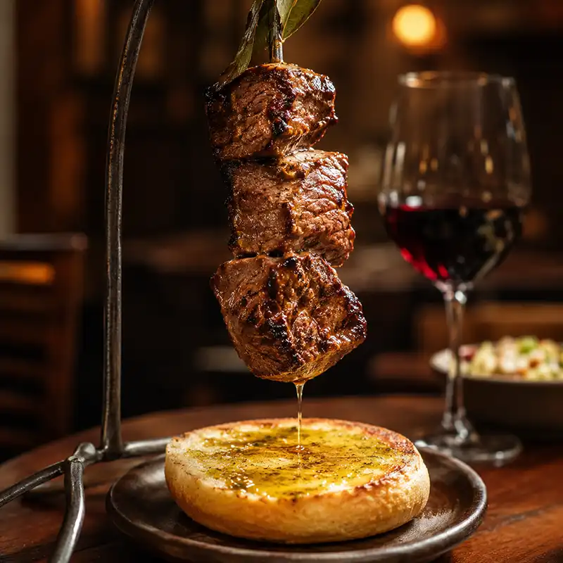 Espetada Madeirense beef skewers hanging over bolo do caco bread