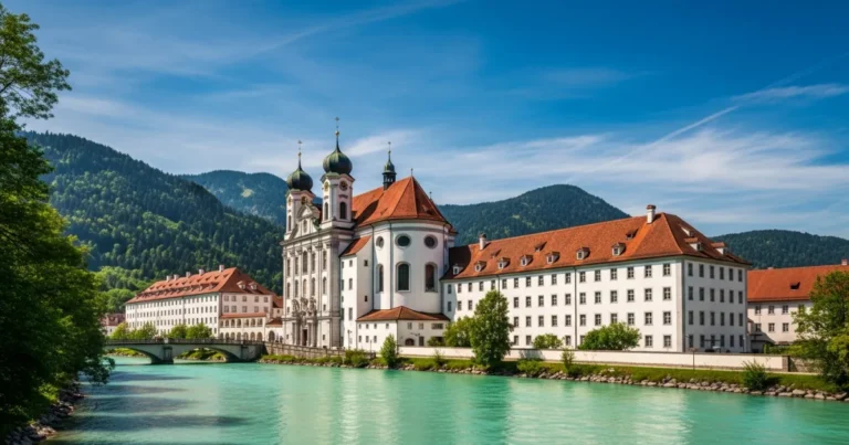 St Mang Abbey 1 Exterior view of St Mang Abbey along the Lech River in Füssen