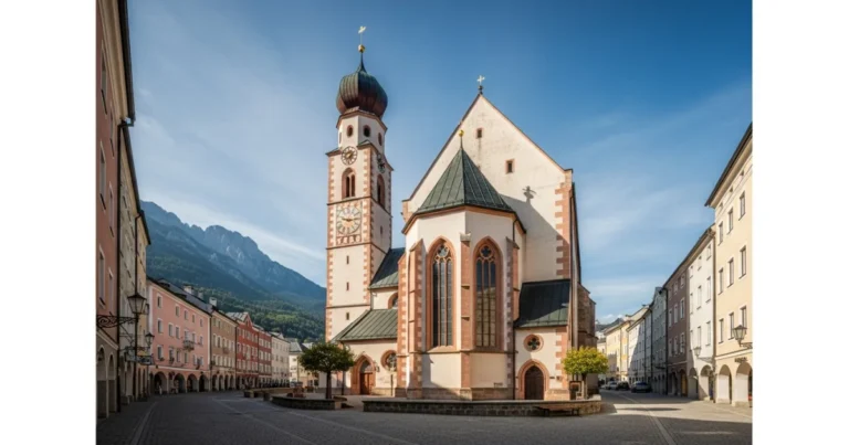St Nicholas Church Hall 1 Exterior view of St Nicholas Church in Hall in Tirol with the Alps in the background
