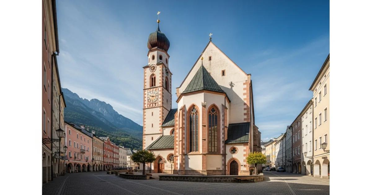 Exterior view of St Nicholas Church in Hall in Tirol with the Alps in the background