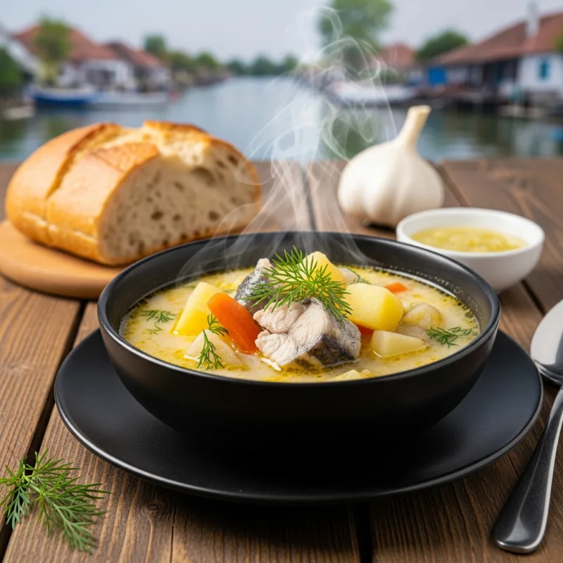 A bowl of traditional Romanian Storceag fish soup