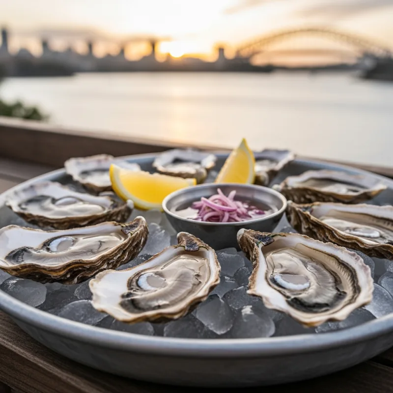 Freshly shucked Sydney Rock Oysters on ice with lemon