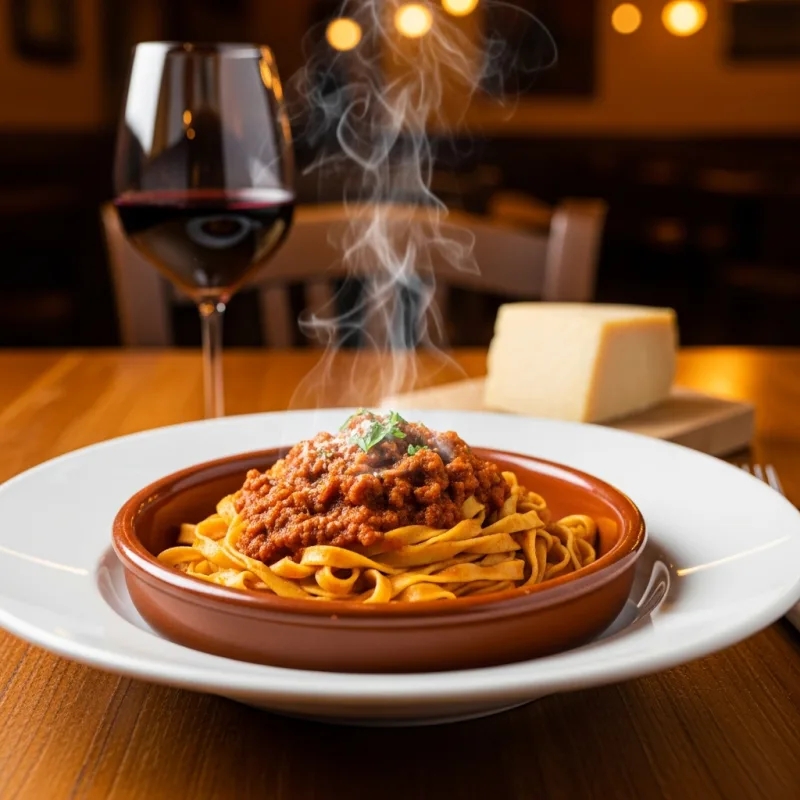 A steaming bowl of traditional Tagliatelle al Ragù from Bologna