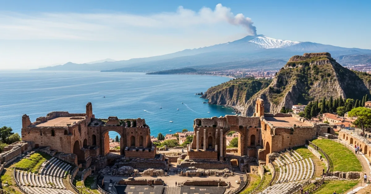 Panoramic view of the ancient Greek theater in Taormina with Mount Etna and the Ionian Sea in the background