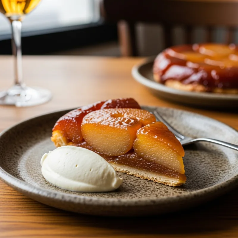 A slice of warm Tarte Tatin with caramelized apples and crème fraîche