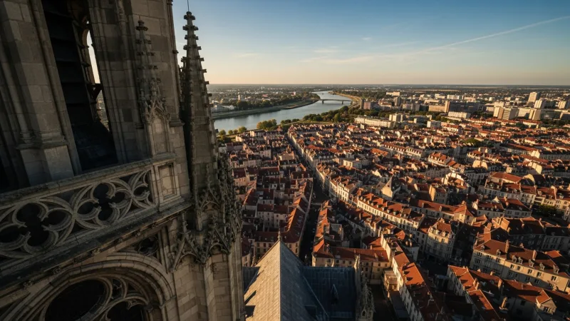 Ascend for Amiens' Best View 3 A panoramic view of Amiens city from the top of the cathedral tower, showing rooftops, the river, and distant landscape under a warm sunset glow.