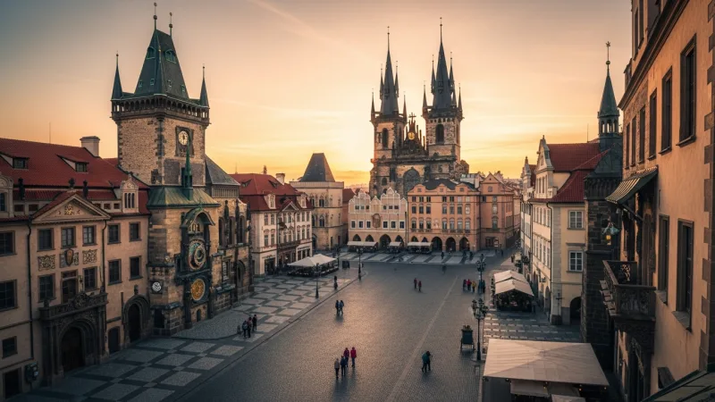 Beat the Crowds, Elevate Your View 4 An aerial view of Prague's Old Town Square at sunrise, showing the Astronomical Clock with minimal crowds, bathed in warm light.