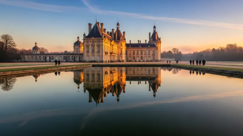 Beat the Crowds & Maximize Your Day 5 A majestic Chateau de Chantilly bathed in soft morning light, reflected in its moat, with a few early visitors enjoying the tranquil grounds.