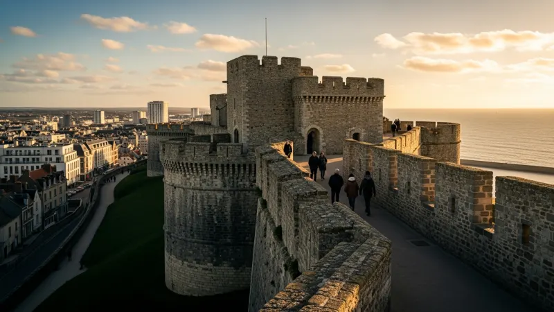 Beyond Nausicaá: Explore the Historic Upper Town 1 View of the ancient stone ramparts of Boulogne-sur-Mer's Upper Town, with historic buildings inside and the modern city and sea visible beyond.