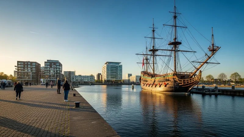 Beyond Shopping: Discover Lelystad's Surprises 1 A full-scale replica of the historic VOC ship "Batavia" is docked in a harbor, with modern buildings in the background. People are walking along the dock, admiring the ship.