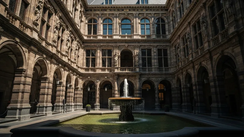 Beyond the Facade: Inside Rotterdam's Stadhuis 4 A wide shot of the ornate inner courtyard of Rotterdam's Town Hall, featuring a central fountain, lush greenery, and detailed stone facades under natural light.