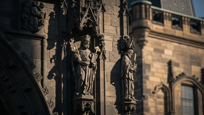 Beyond the View: Decode the Tower's Secrets 3 A detailed close-up of an ornate gothic sculpture on the Old Town Bridge Tower, highlighting its historical and artistic significance.