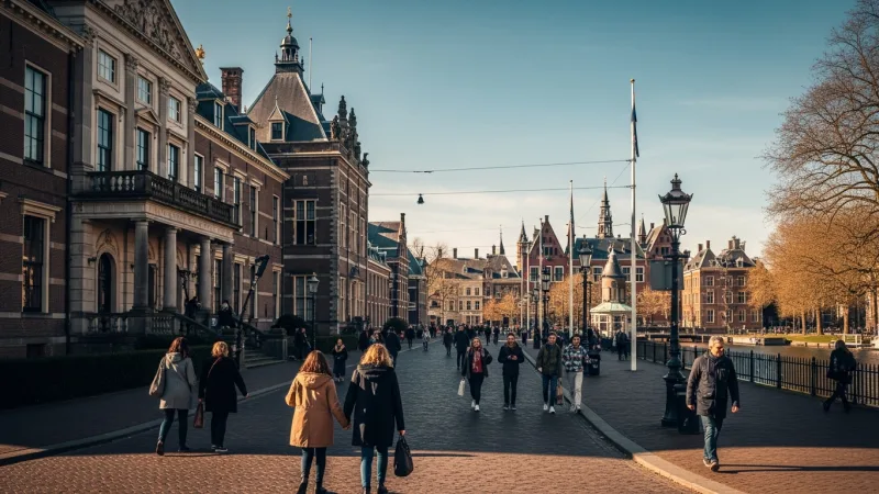 Binnenhof's Cultural Companions 1 An elegant street scene in The Hague, featuring the historic Mauritshuis museum with people walking past, hinting at the proximity to the Binnenhof.