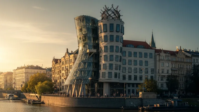 Capture Golden Hour Glamour 3 The Dancing House in Prague illuminated by the warm, golden light of sunset, with the Vltava River in the foreground and a few people enjoying the view.