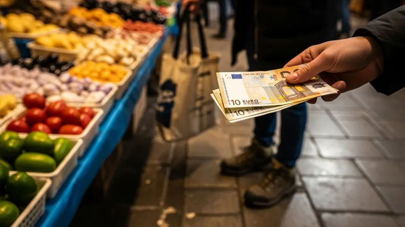Cash is King & Comfort is Key 3 Hand holding Euro cash, with comfortable shoes and a reusable bag visible in the bustling Athens Central Market: Varvakios Agora.