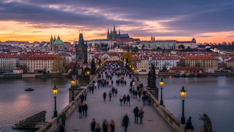 Climb for Unrivaled Views: The Bridge Towers 6 Panoramic view from the Old Town Bridge Tower, showing the Charles Bridge stretching towards Prague Castle at sunset, with many people walking on the bridge.
