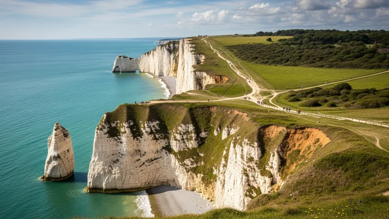 Coastal Majesty: Day Trip to Cap Griz-Nez & Blanc-Nez 5 Majestic white chalk cliffs of Cap Blanc-Nez rise from the sea, with a winding path along the top and the vast English Channel stretching to the horizon.