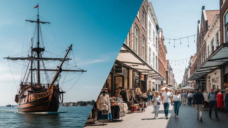 Combine Your Visit with Nieuw Land & Outlet Shopping 4 A composite image showing the historic Batavia ship next to a bustling modern outdoor fashion outlet, symbolizing a combined day trip of history and shopping.