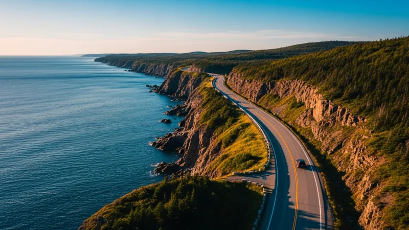 Conquer the Cabot Trail Clockwise 1 Aerial view of the Cabot Trail, a winding road along the coast of Cape Breton Island, Nova Scotia, with the ocean on the right.