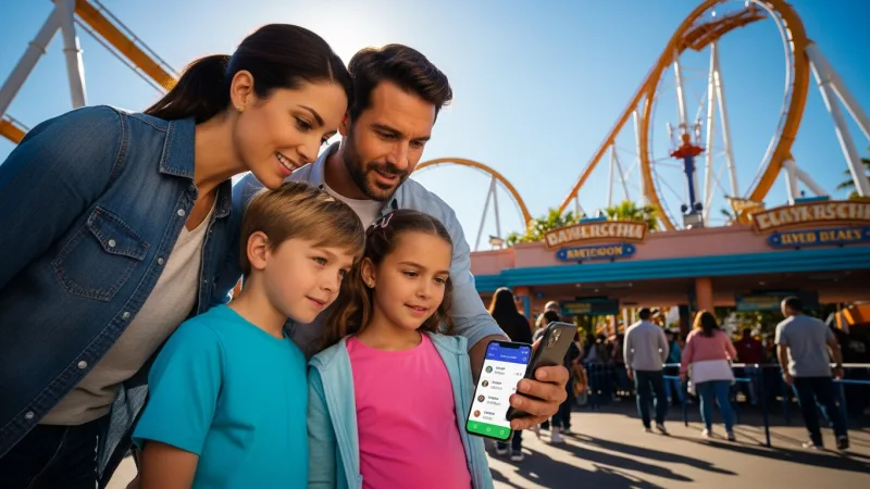 Conquer the Gaulish Queues 3 Family using a smartphone app to check ride wait times at a busy theme park entrance.