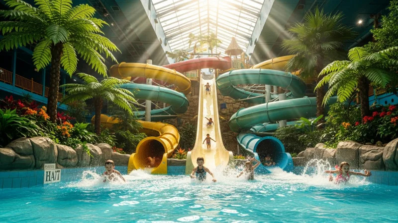 Conquer the Tiki Pool - Book Ahead! 4 Families enjoying the vibrant, tropical-themed indoor Tiki Pool water park at Duinrell, with children sliding down colorful slides and splashing in the water.
