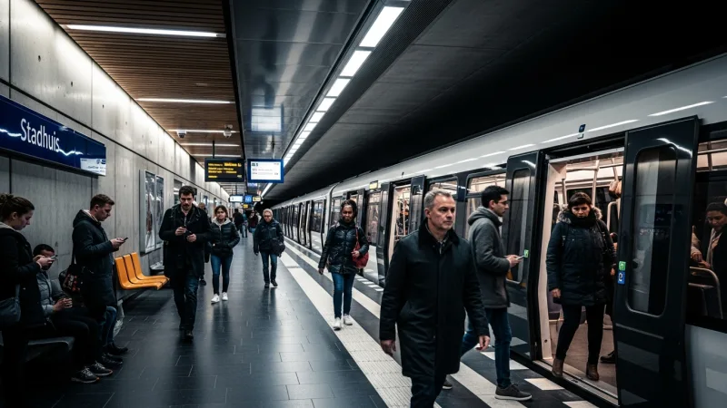 Coolsingel: Rotterdam's Transit Lifeline 1 A clean, brightly lit interior of a modern metro station in Rotterdam, with a metro train at the platform and several passengers waiting or boarding.