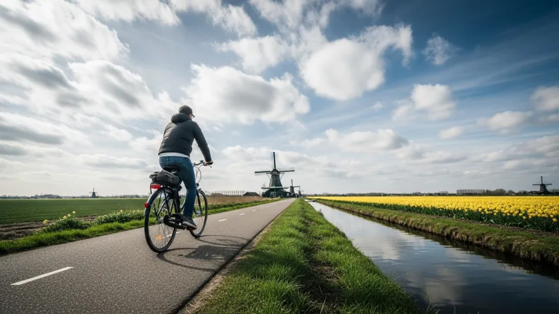 Cycle the Green Heart's Waterways 4 A person cycling on a paved path next to a canal with traditional Dutch windmills and colorful flower fields in the background, under a bright sky.