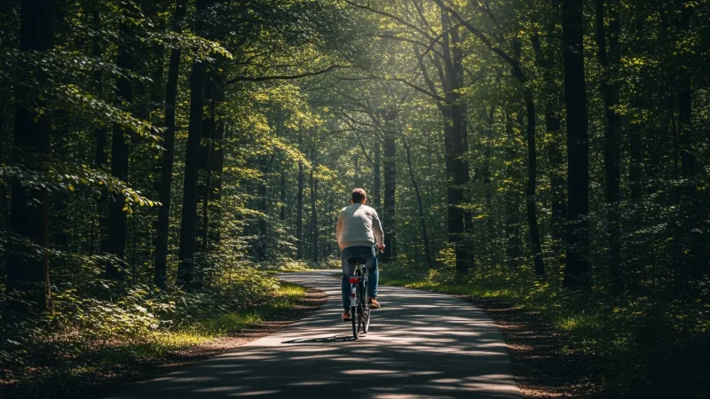 Cycle the Veluwe's Hidden Paths 3 A cyclist on a winding path through a sun-dappled forest in the Veluwe.
