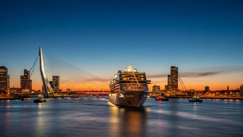 Day or Night? Choose Your Harbor Vibe 5 A modern cruise boat on Rotterdam's harbor at twilight, with the illuminated Erasmus Bridge and city skyline in the background, showcasing the transition from day to night.