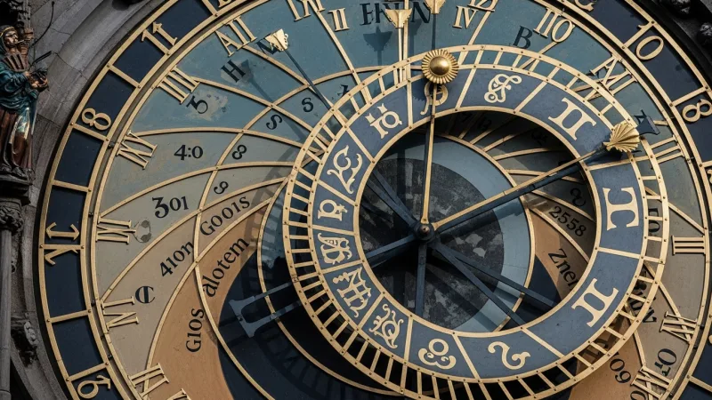 Deciphering the Orloj's Secrets 3 A detailed close-up of the Astronomical Clock's three main dials, showing the intricate astronomical, calendar, and Apostle figures.