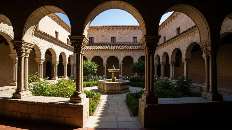 Discover the Carmelite Courtyard 1 A peaceful monastery courtyard with arched stone walkways, a small green garden, and a central fountain, bathed in soft sunlight.