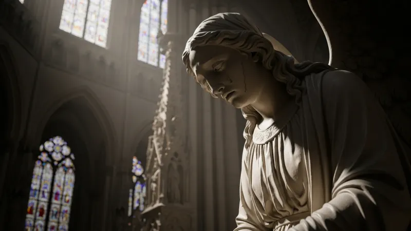 Discover the Cathedral's Hidden Stories 1 A close-up of the 'Weeping Angel' sculpture inside Amiens Cathedral, showing its detailed and mournful face.