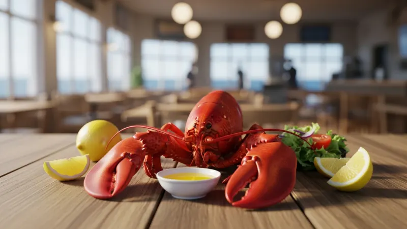 A beautifully presented whole cooked lobster with butter and lemon on a wooden table, in a restaurant setting.
