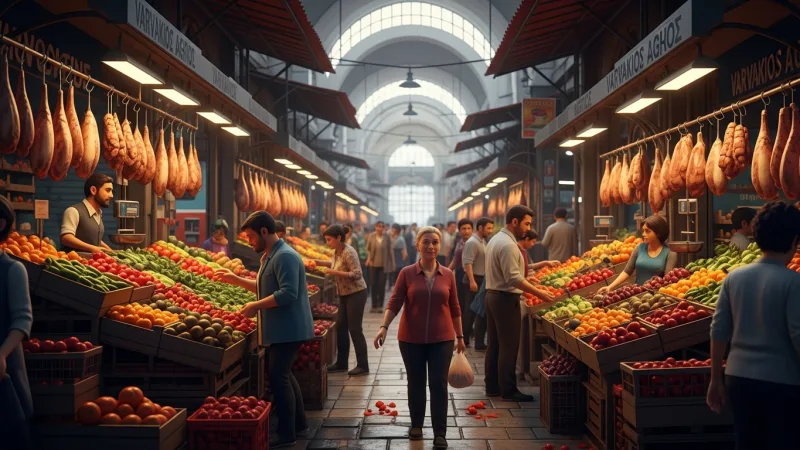 Dive into the Authentic Greek Chaos 4 Bustling scene inside Athens Central Market: Varvakios Agora with vendors and shoppers amidst colorful produce and meat stalls.