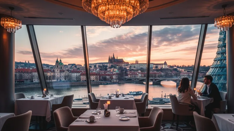 Don't Just Gawk – Go Inside! 4 A couple enjoying drinks inside the Ginger & Fred restaurant, with a panoramic view of Prague Castle and the Vltava River through a large window.