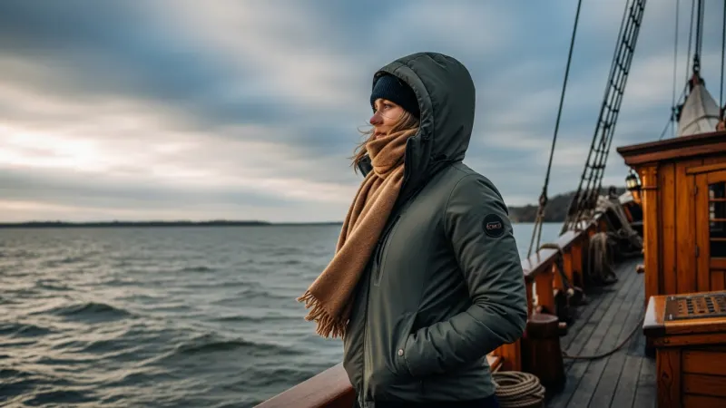 Dress for the Flevoland Wind (Year-Round) 1 A person in a warm, windproof jacket stands on the deck of a historic ship, looking out at a windy lake under a dramatic sky, emphasizing the need for warm clothing.