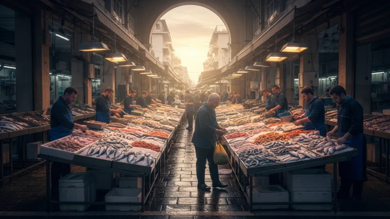 Early Bird Gets the Freshest Catch 5 Fishmongers arranging fresh seafood at dawn in Athens Central Market: Varvakios Agora.
