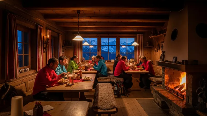 Embrace Alpine Hut Culture 1 Inside a rustic Tyrolean mountain hut, hikers relax and dine, with a warm fireplace glow and mountain views outside.
