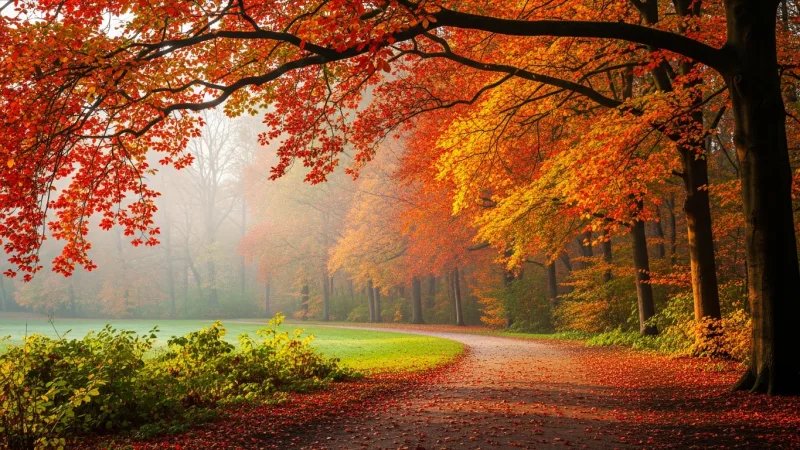 Embrace Clingendael's Seasonal Splendor 4 A picturesque path through Clingendael Park in autumn, lined with trees displaying brilliant red, orange, and yellow foliage under a soft, diffused light.