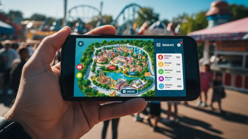 Embrace the Duinrell App for Efficiency 3 A hand holding a smartphone displaying the Duinrell park app with a map and ride wait times, with the amusement park in the background.