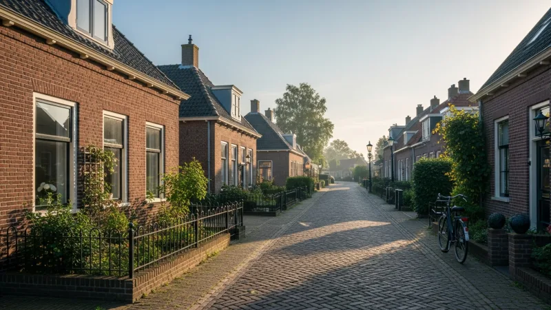 Embrace the Tranquil Pace 6 A quiet, charming street in a Dutch village with traditional houses and a bicycle.