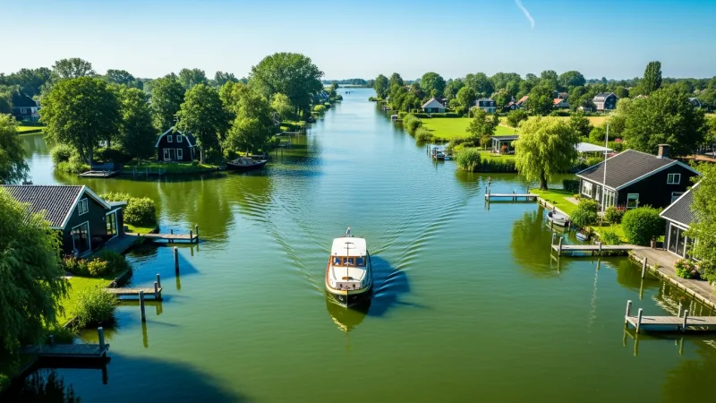 Embrace the Westeinderplassen by Water 3 An aerial view of a small boat navigating the intricate waterways of the Westeinderplassen lake, surrounded by green islands and reflections under a clear sky.
