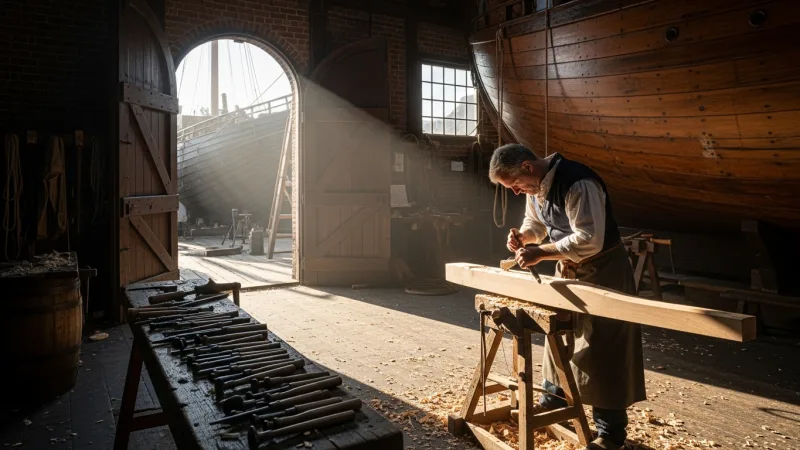 Engage with the Craftsmen at the Werf 3 A craftsman in a historical shipyard meticulously carves wood, surrounded by traditional tools and a large wooden ship hull, bathed in natural light.