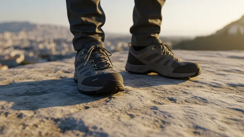 Footwear First: Grip the Rock 1 A person's feet in sturdy, non-slip shoes are shown gripping the smooth, worn rock surface of Areopagus Hill.