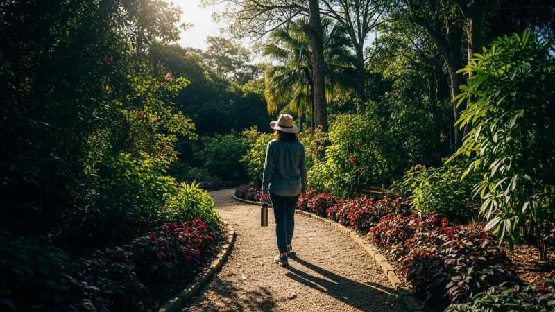 Gear Up for Garden Exploration 1 Person prepared for a garden walk, showing comfortable shoes, hat, and water bottle amidst beautiful garden paths.