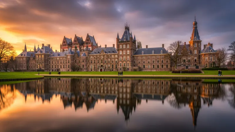 The Binnenhof complex in The Hague, with its historic buildings, beautifully reflected in the still waters of the Hofvijver lake during a vibrant sunset.