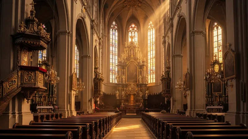 Golden Hour Serenity 3 Interior of a Baroque church bathed in warm, golden light streaming through stained glass windows, with empty pews and a serene atmosphere.