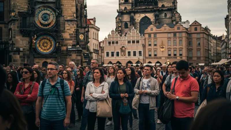 Guard Your Valuables 1 A dense crowd of tourists gathered in Prague's Old Town Square, watching the Astronomical Clock, illustrating a typical busy scene.